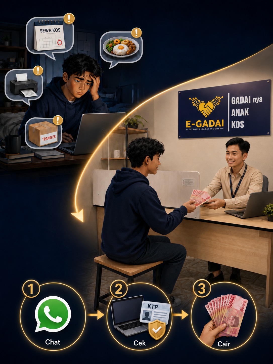 Ilustrasi problem anak kos dan solusi E.Gadai